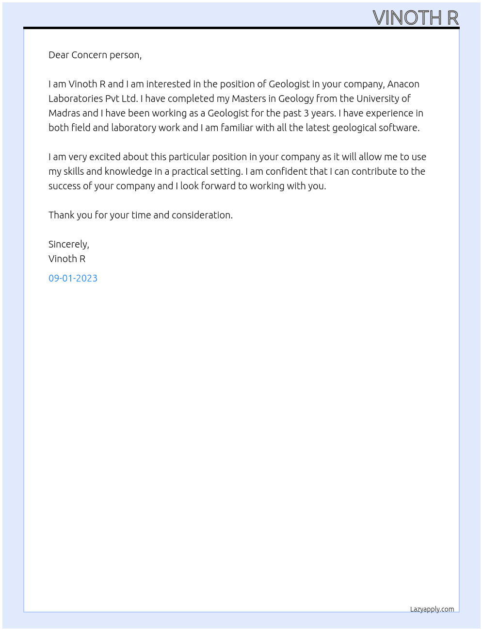 Geologist At Anacon Laboratories Pvt Ltd Cover Letter