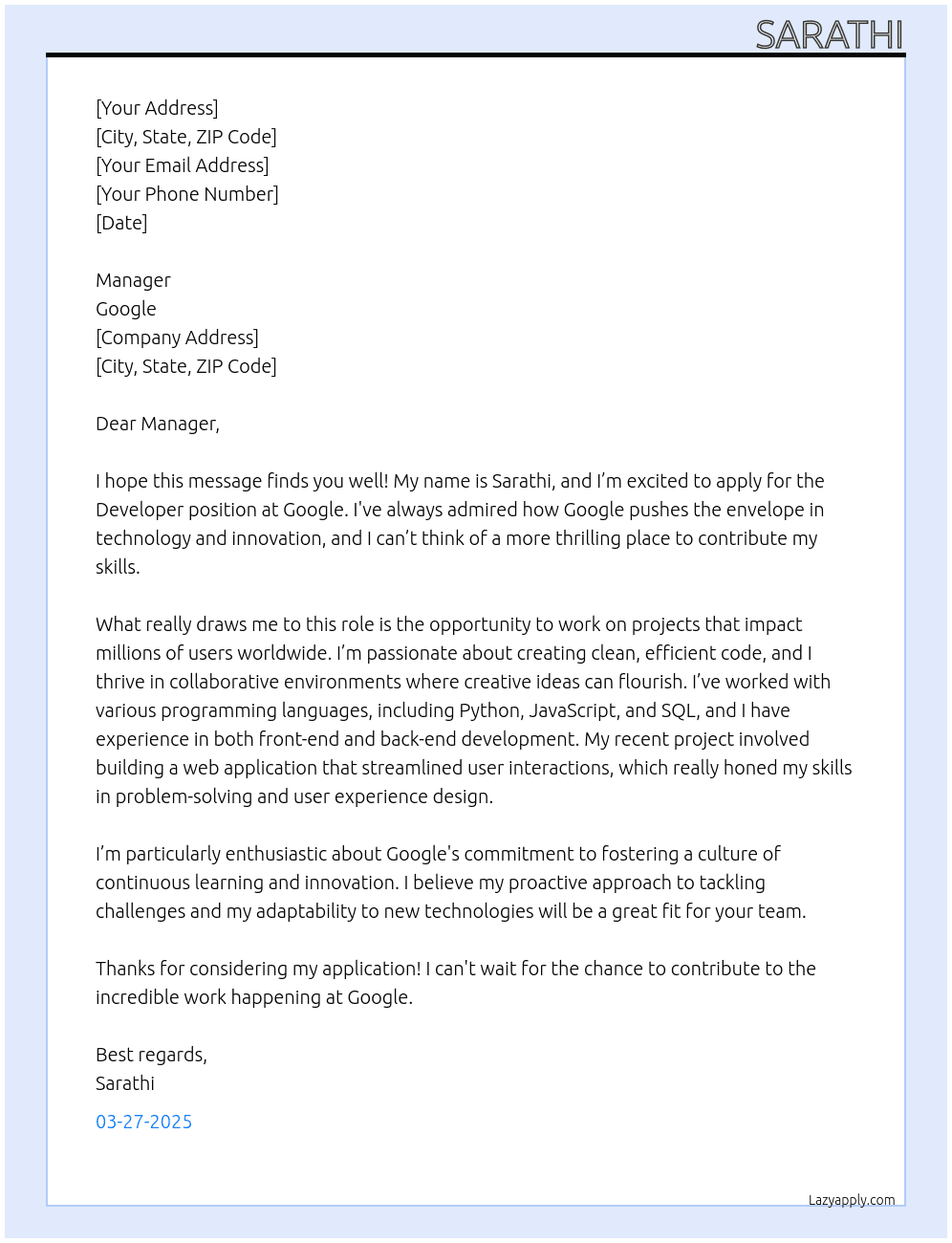 Cover letter for developers - LazyApply