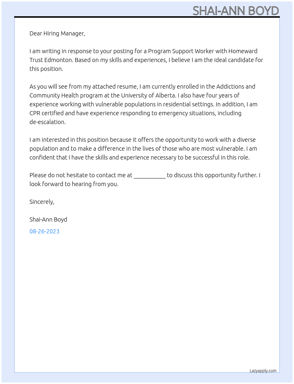 Program Support Worker At Homeward Trust Edmonton Cover Letter