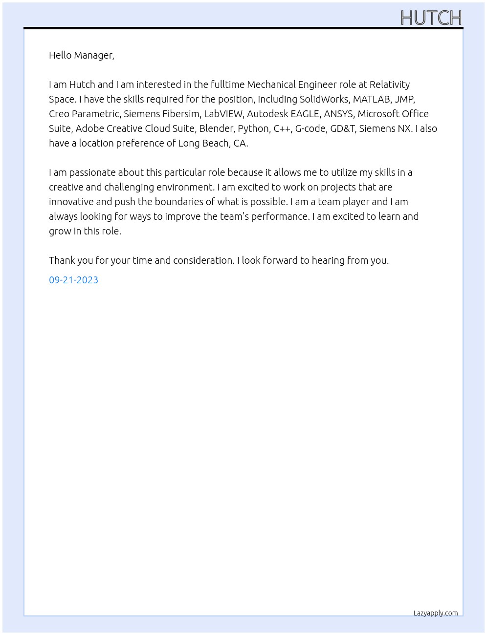 Mechanical Engineer At Relativity Space Cover Letter