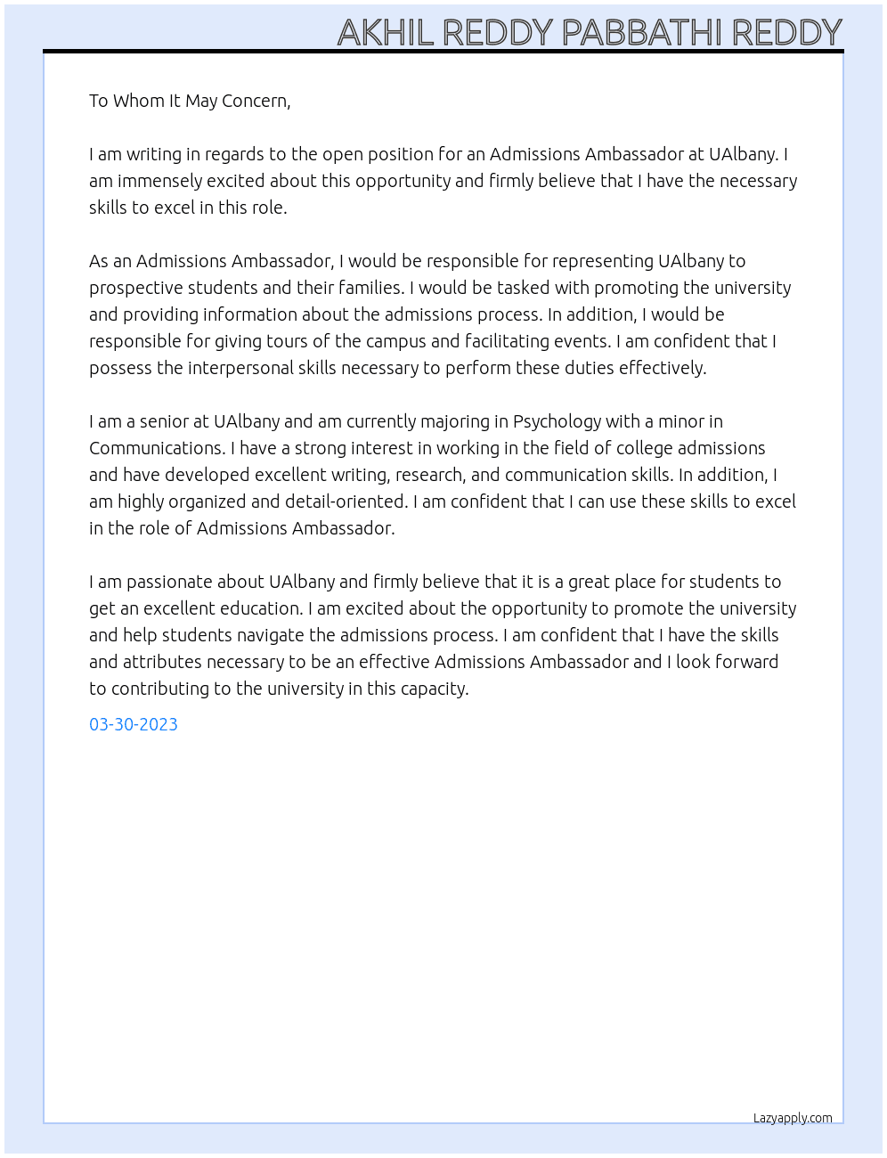 Admissions Ambassador At UAlbany Cover Letter