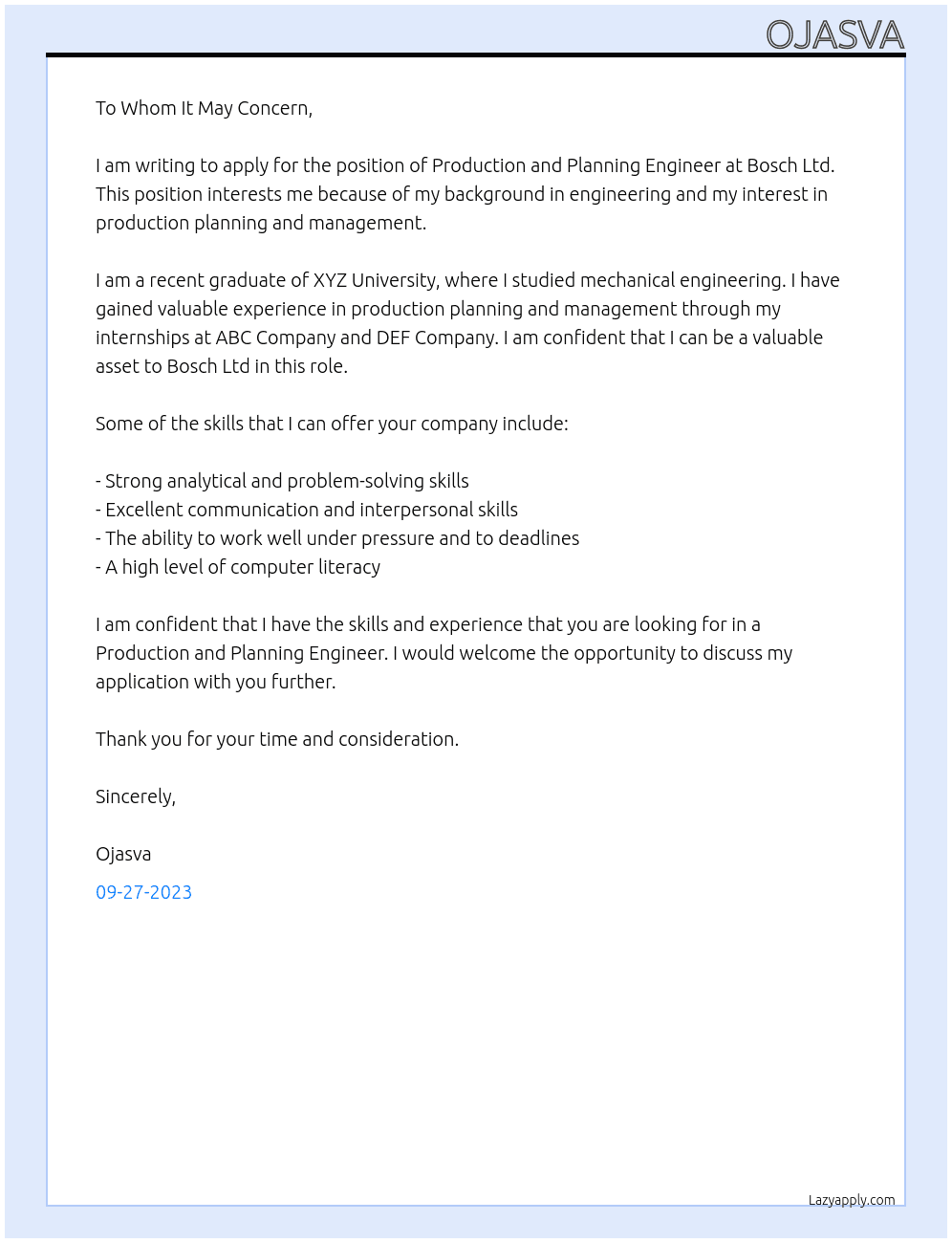 Production and Planning Engineer At Bosch Ltd Cover Letter