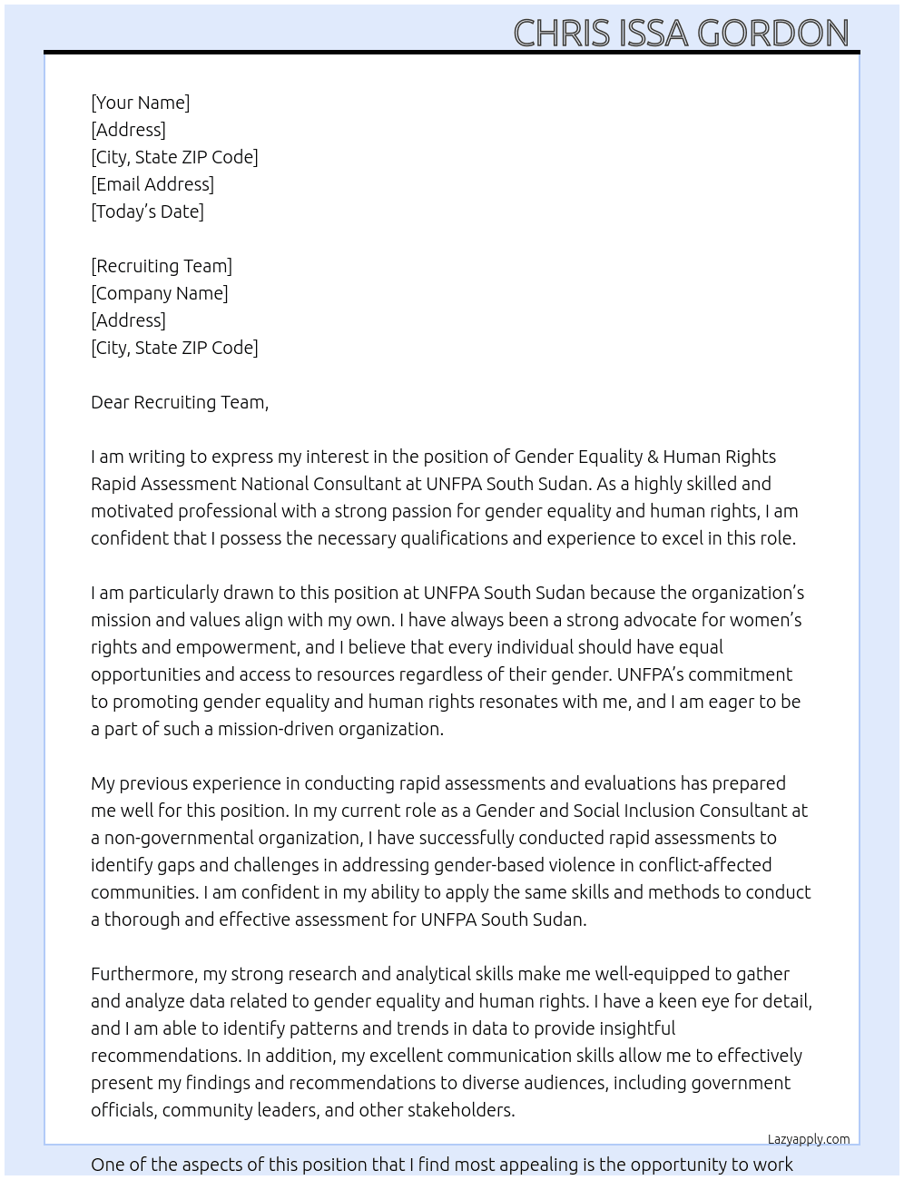 Gender Equality & Human Rights Rapid Assessment National Consultant At UNFPA South Sudan Cover Letter