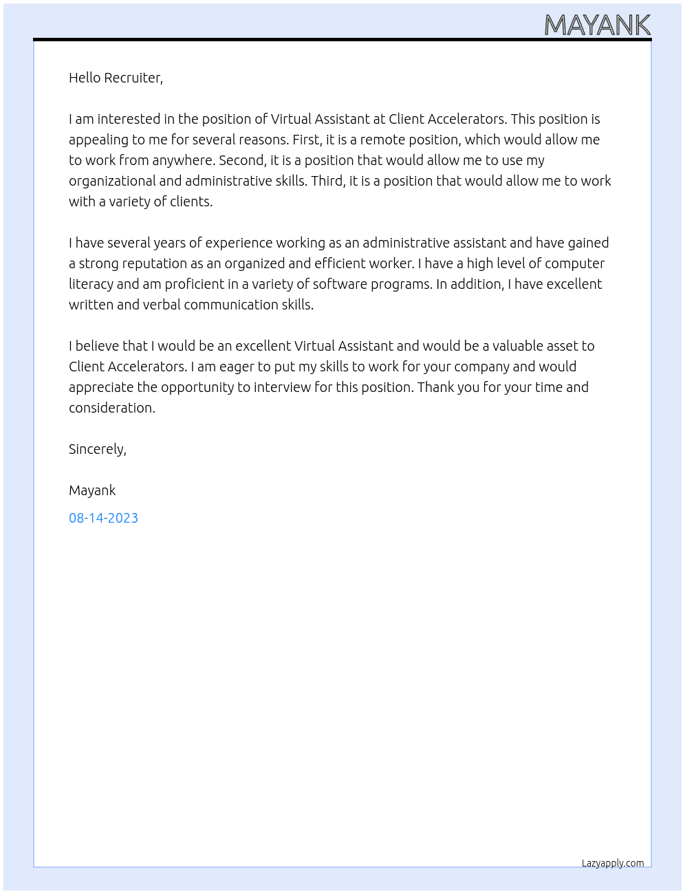 Virtual Assistant  At Client Accelerators Cover Letter