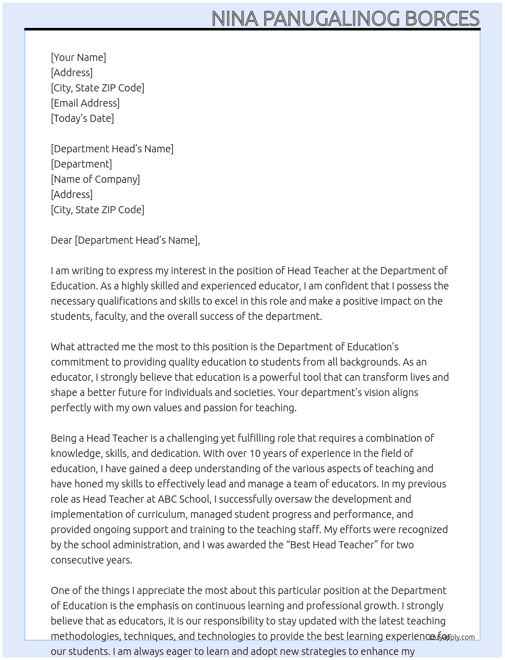 Head TEacher At Department Of Education Cover Letter