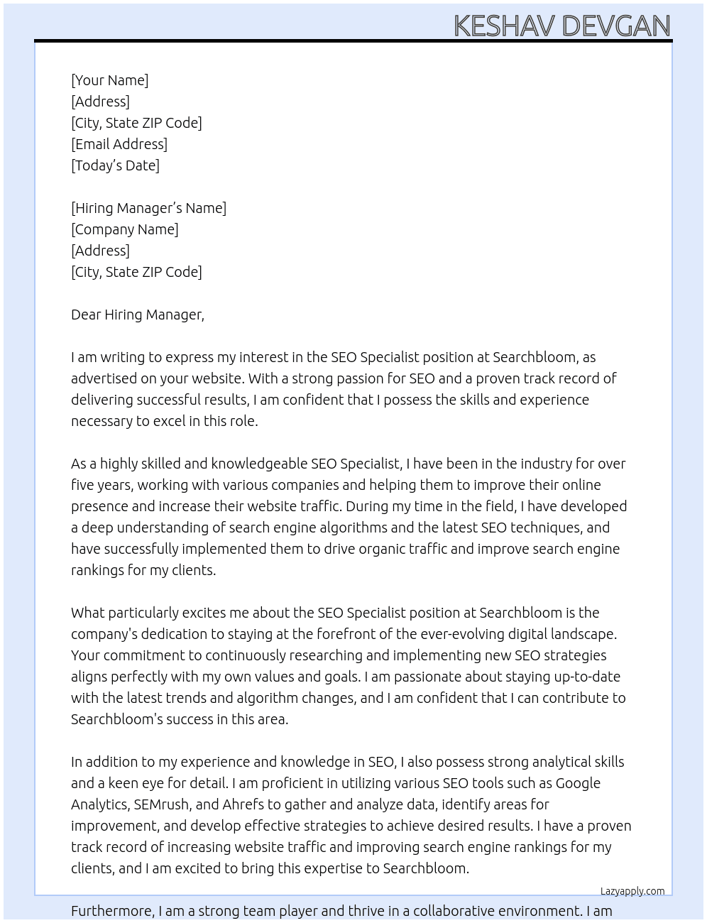 Seo Specialist At Searchbloom Cover Letter