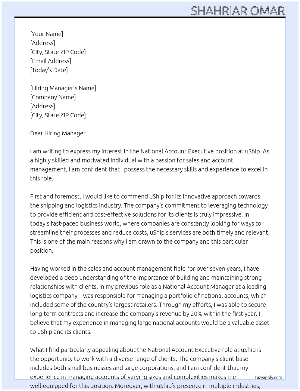 national account executive At uShip Cover Letter