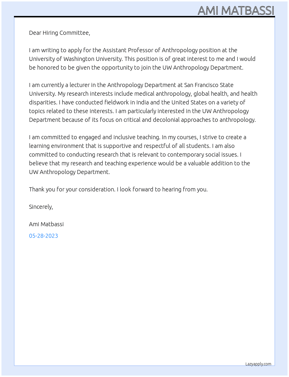 Assistant Professor of Anthropology  At University of Washington University  Cover Letter