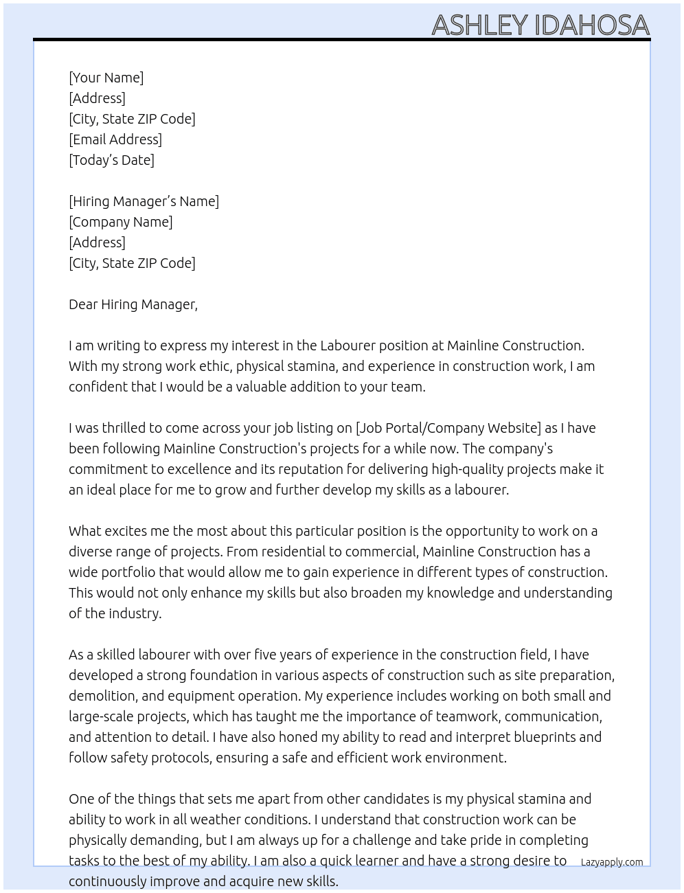 Labourer At Mainline Construction  Cover Letter