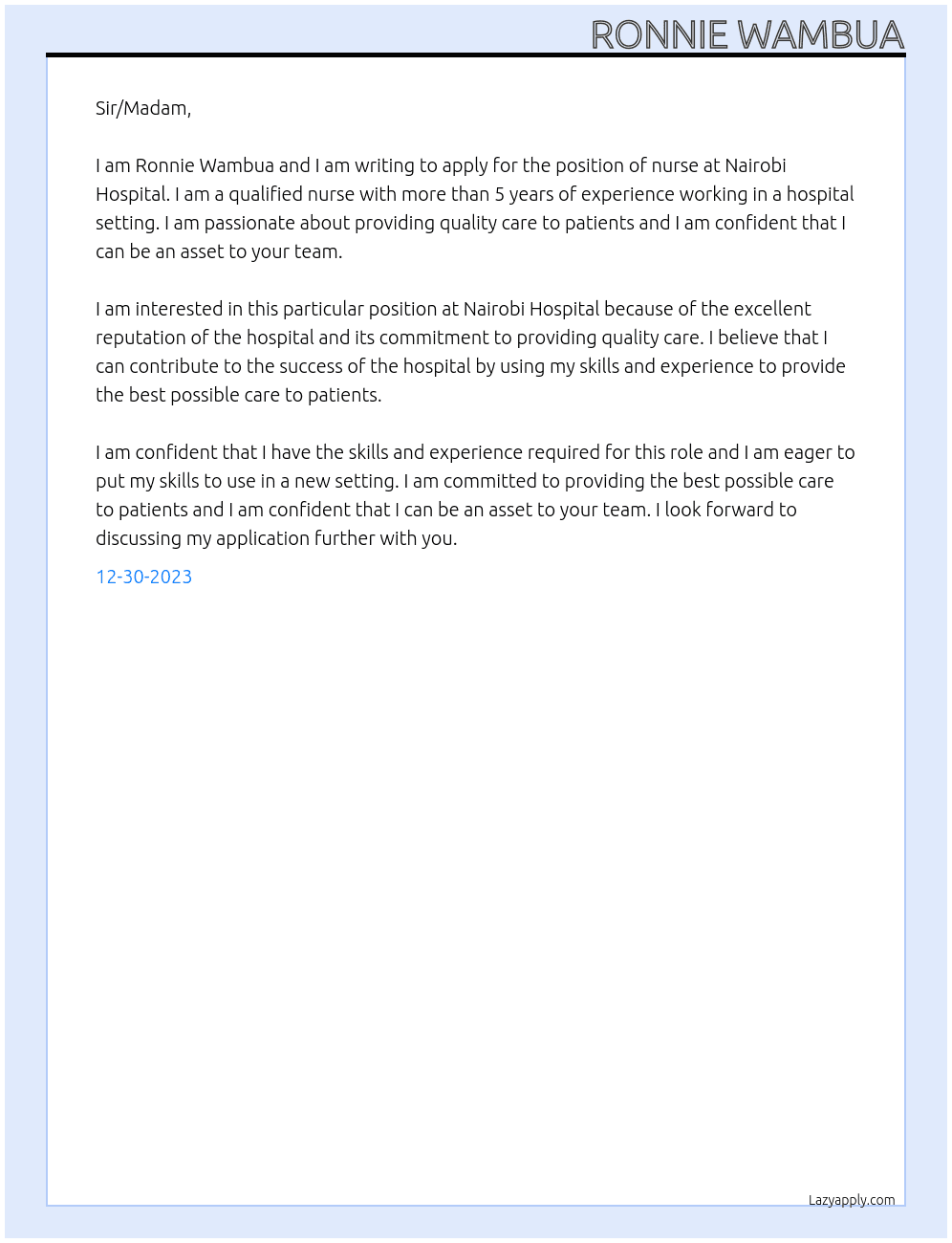 nurse At Nairobi Hospital Cover Letter