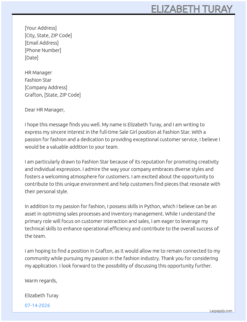 Sale girl  At Fashion star  Cover Letter