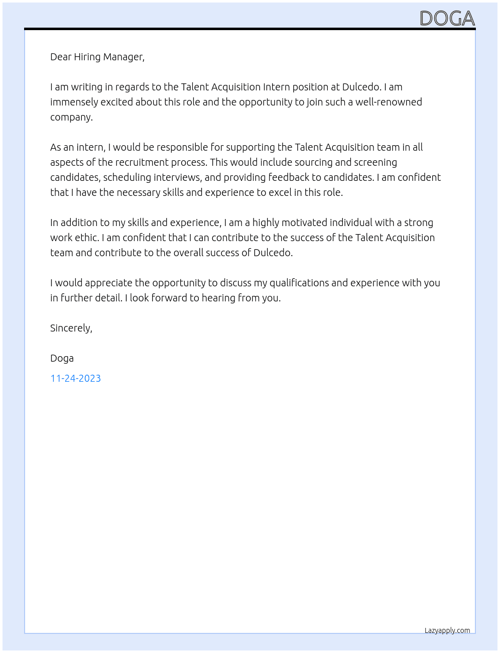 Talent Acquisition Intern At Dulcedo Cover Letter
