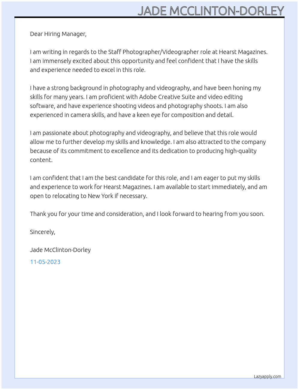 Staff Photographer/Videographer At Hearst Magazines  Cover Letter