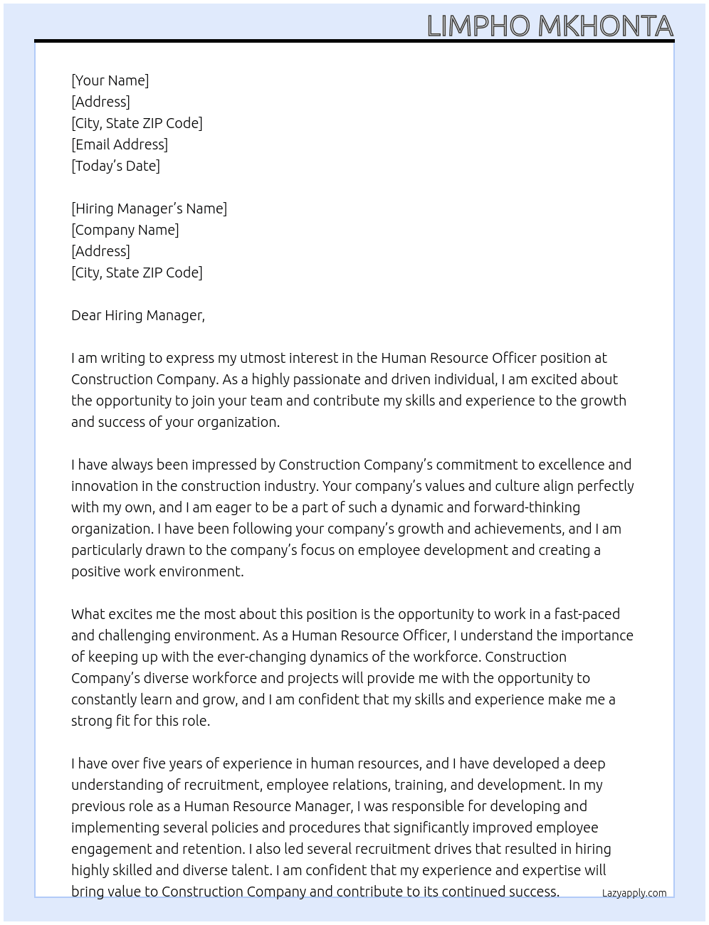 Human Resource Officer At Construction Company Cover Letter