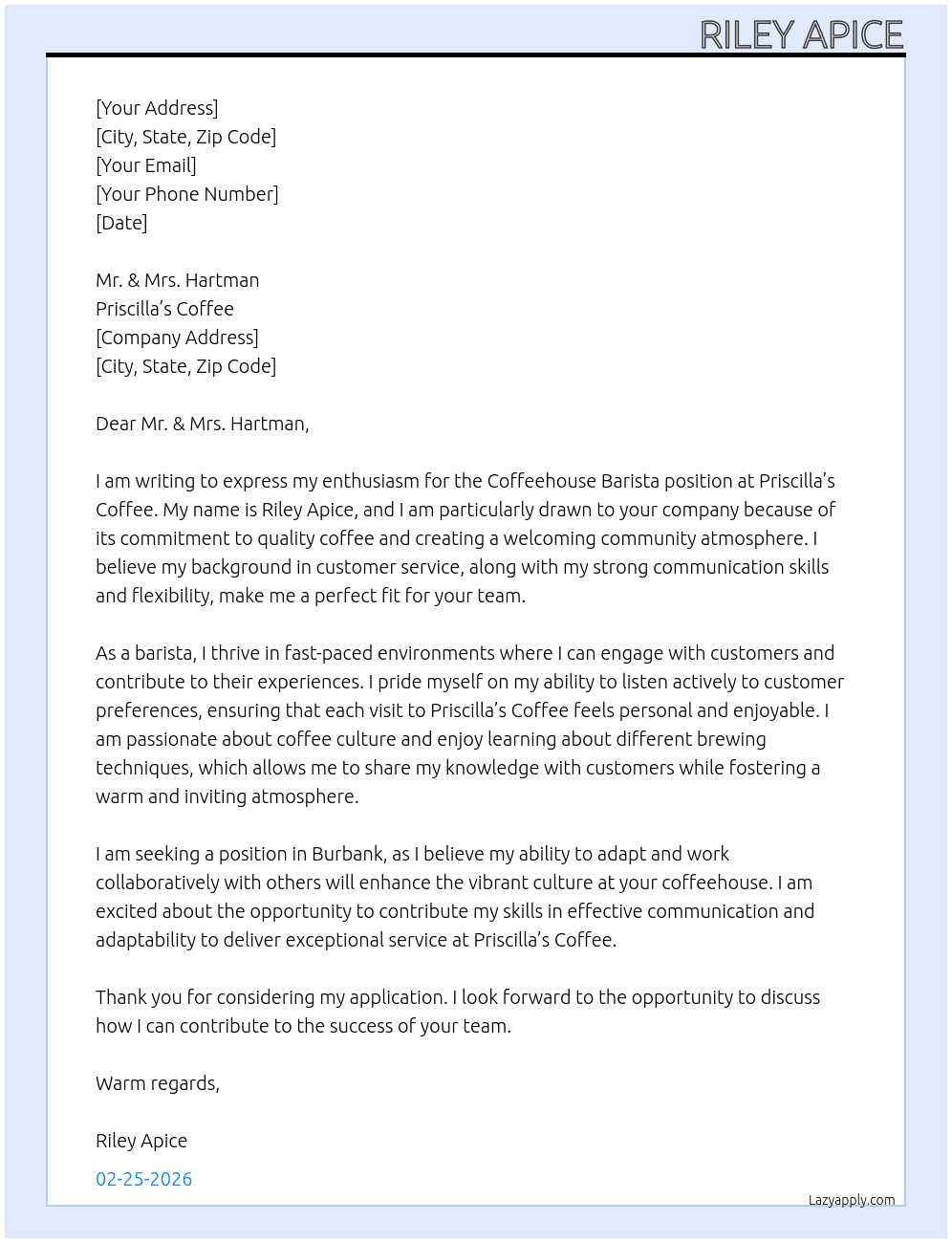 Coffeehouse Barista At Priscilla’s Coffee Cover Letter