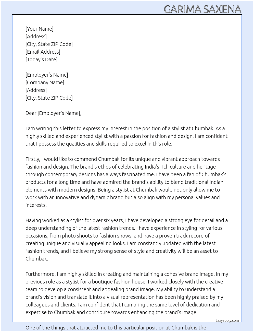 stylist At Chumbak Cover Letter
