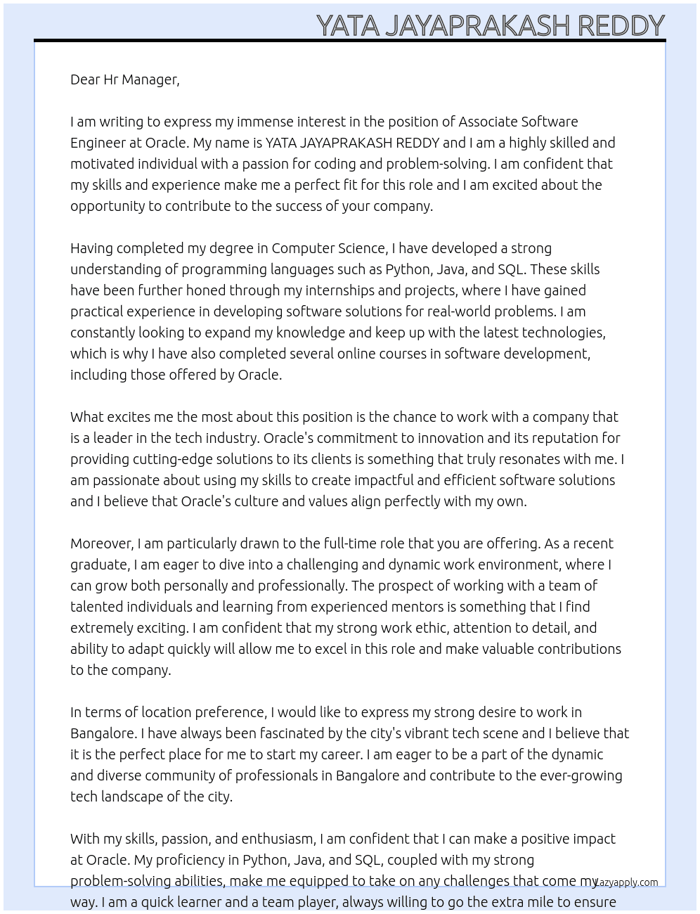 Associate Software Engineer  At Oracle Cover Letter