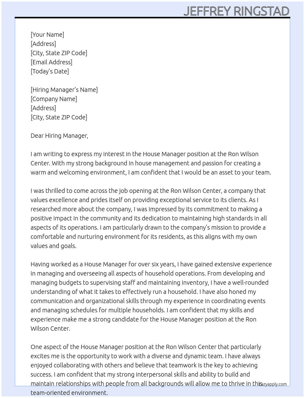 House Manager At Ron Wilson Center Cover Letter