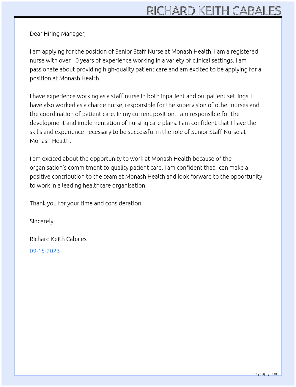 Senior Staff Nurse At Monash Health Cover Letter