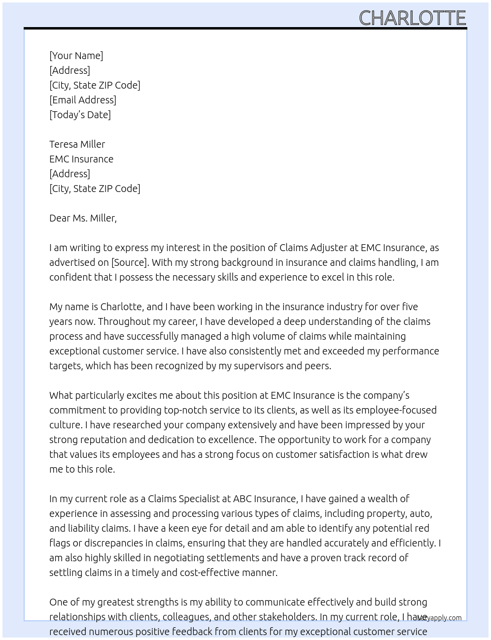 claims adjuster At EMC Insurance Cover Letter