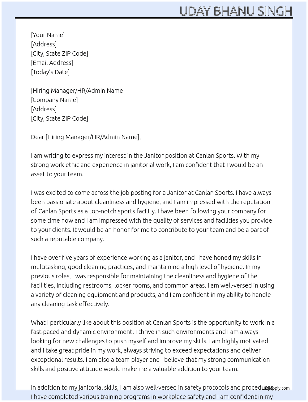 Janitor At Canlan Sports Cover Letter