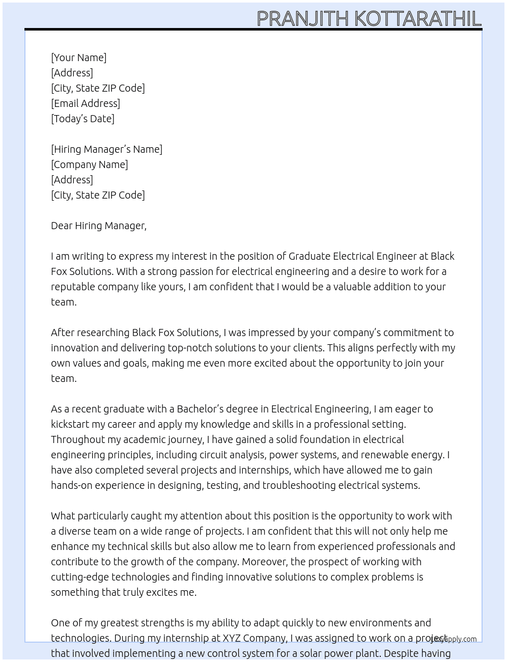 Graduate Electrical Engineer At Black Fox Solutions Cover Letter
