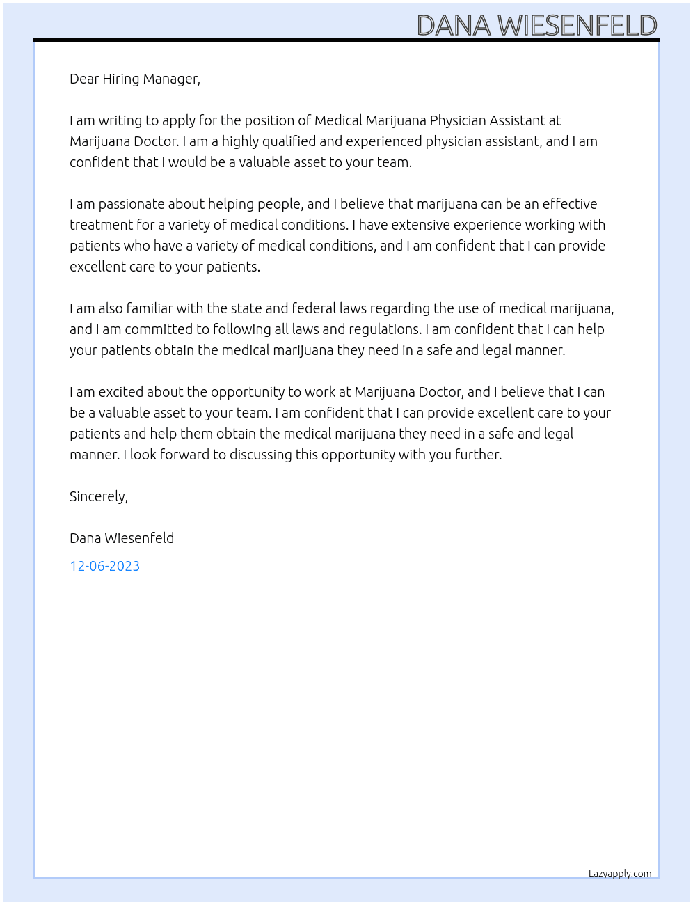 Medical Marijuana Physician Assistant At Marijuana Doctor Cover Letter