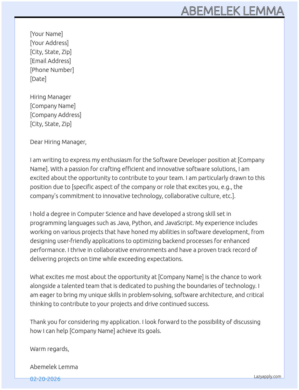 Software Developer At i don't know Cover Letter