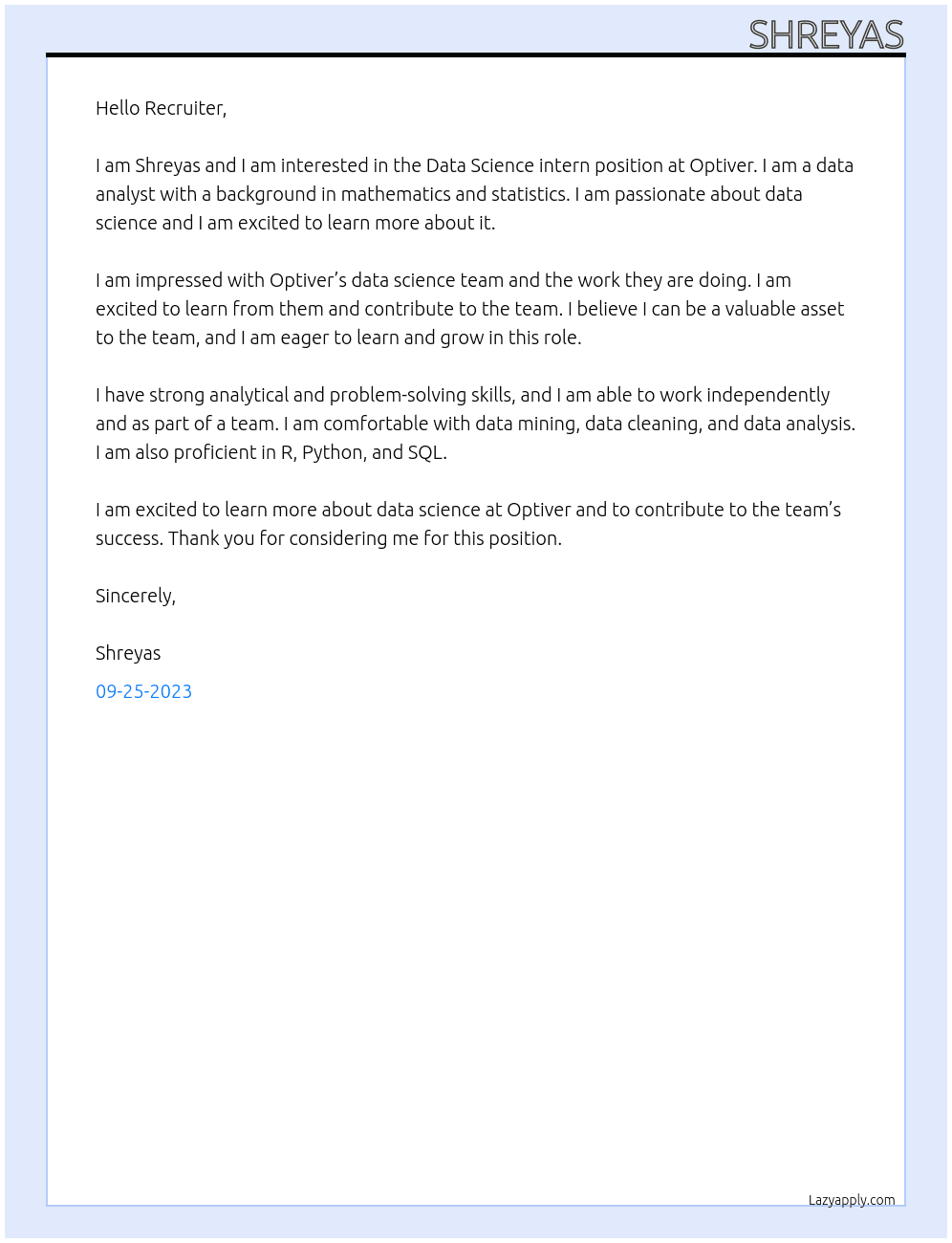 Data Science intern At Optiver Cover Letter