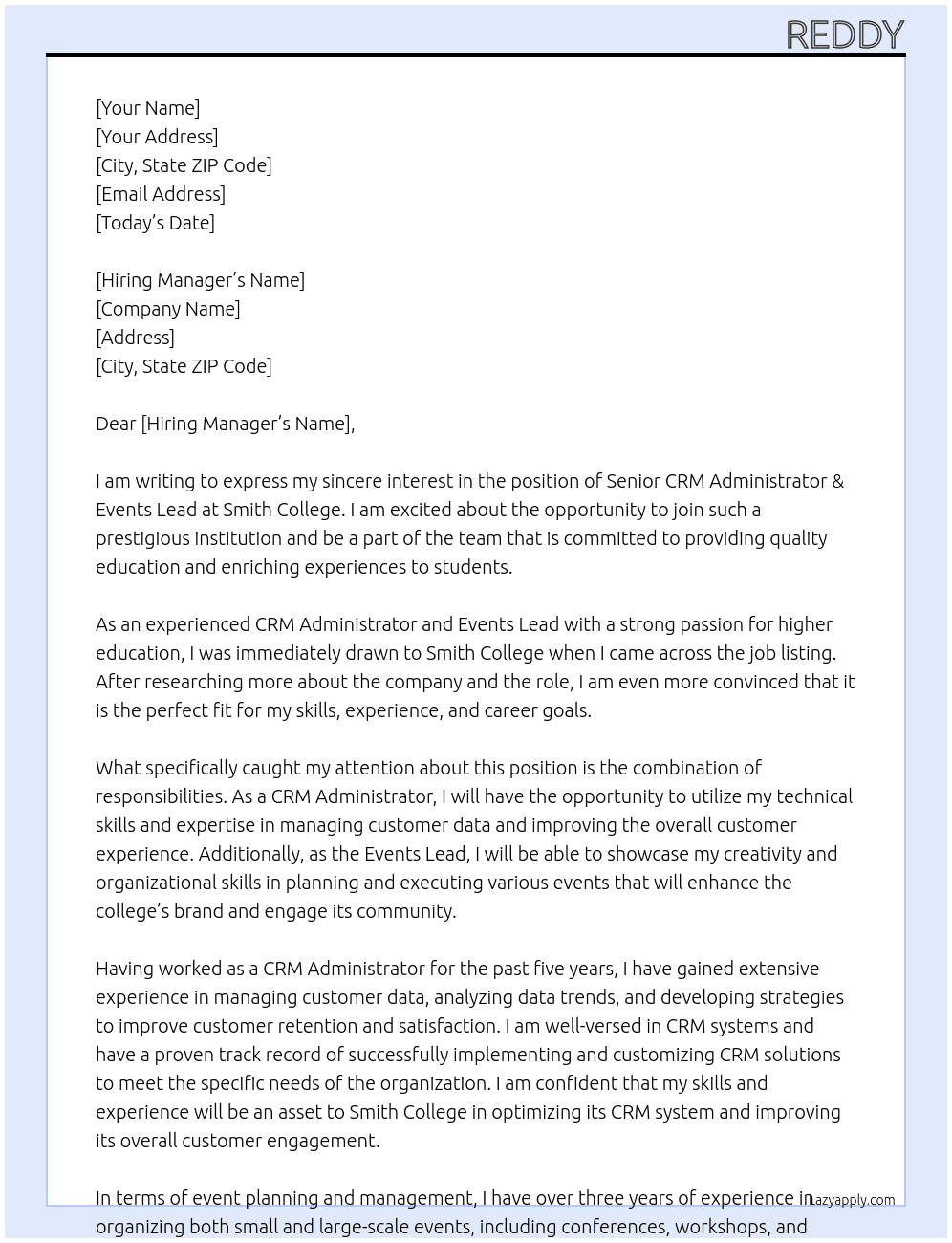 Senior CRM Administrator & Events Lead At smith college Cover Letter