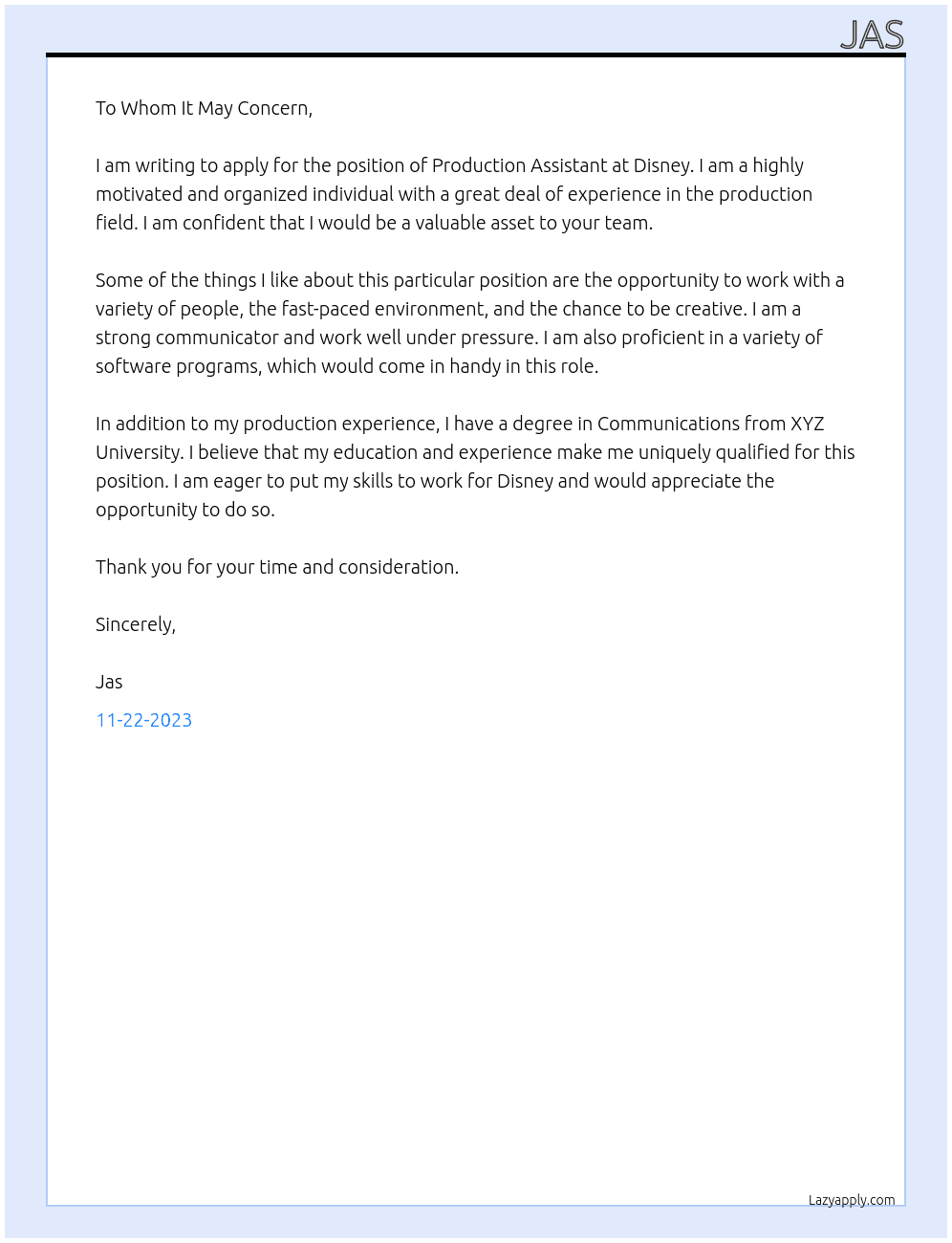 production assistant At disney Cover Letter