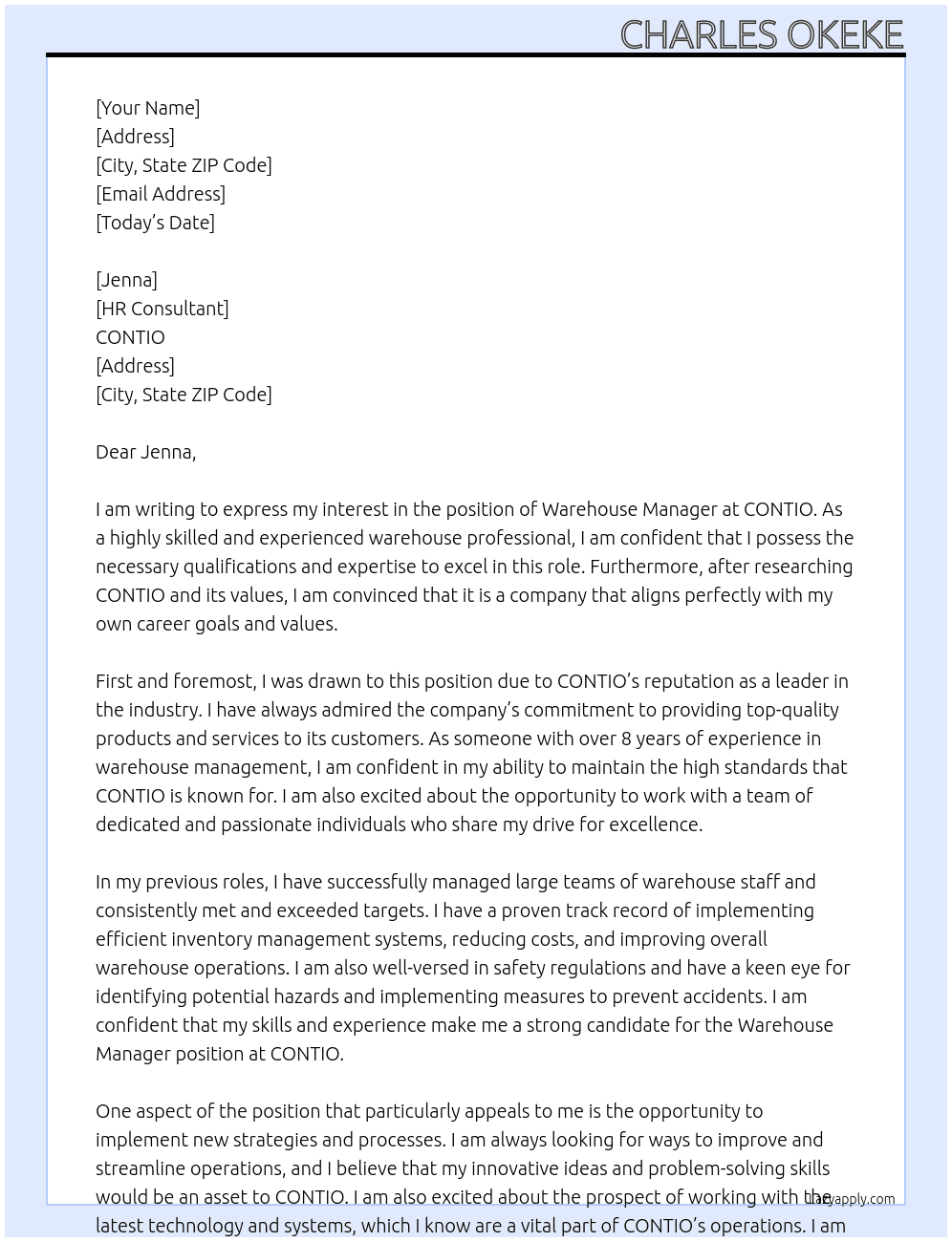 Warehouse Manager At CONTIO Cover Letter
