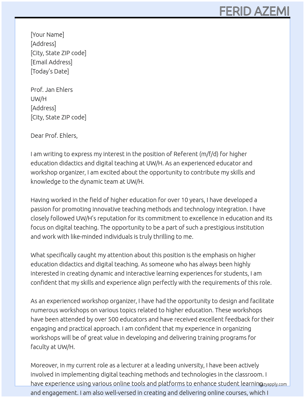 Referent (m/f/d) for higher education didactics and digital teaching At UW/H Cover Letter