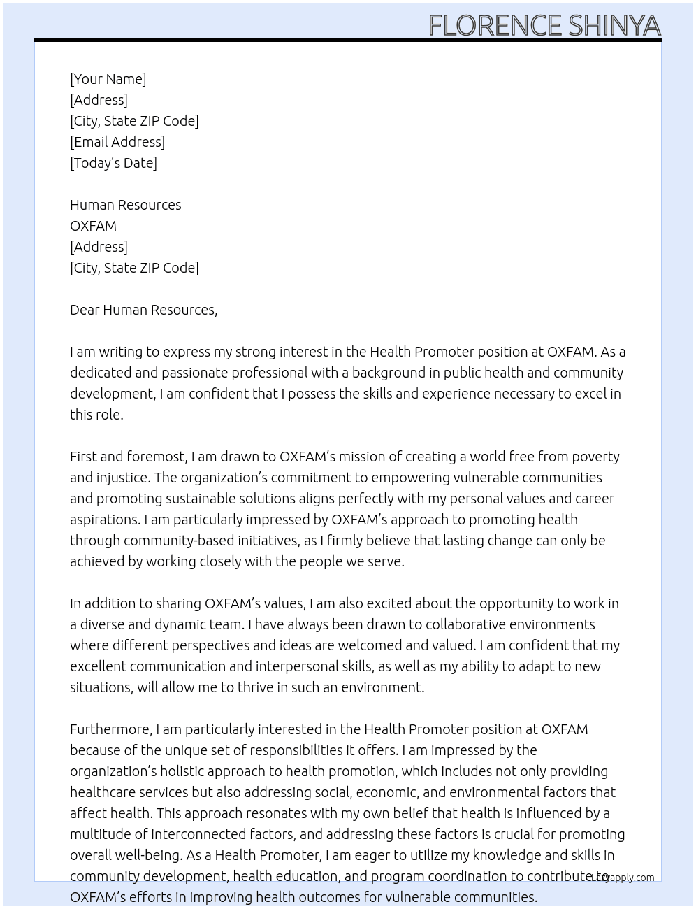 Health promoter At OXFAM Cover Letter