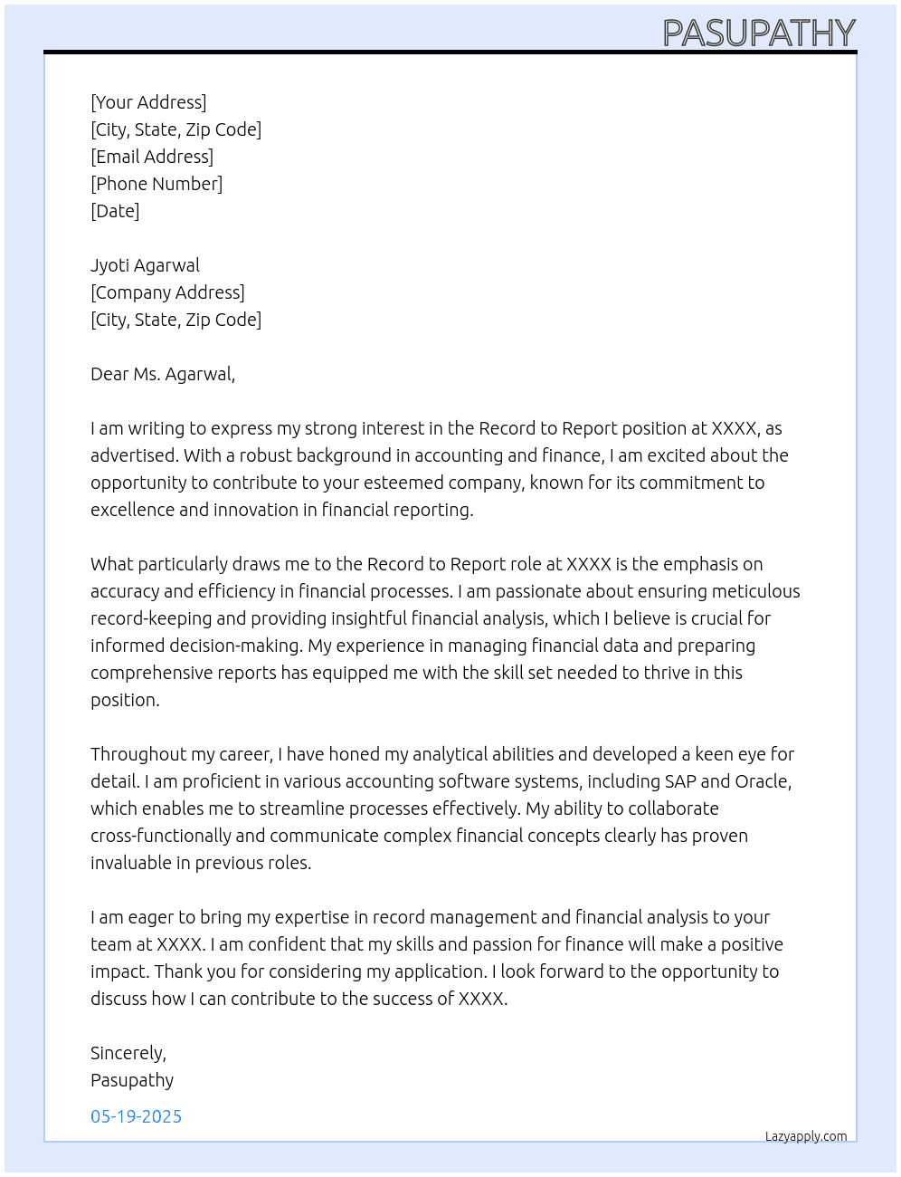 Record TO Report At XXXX Cover Letter