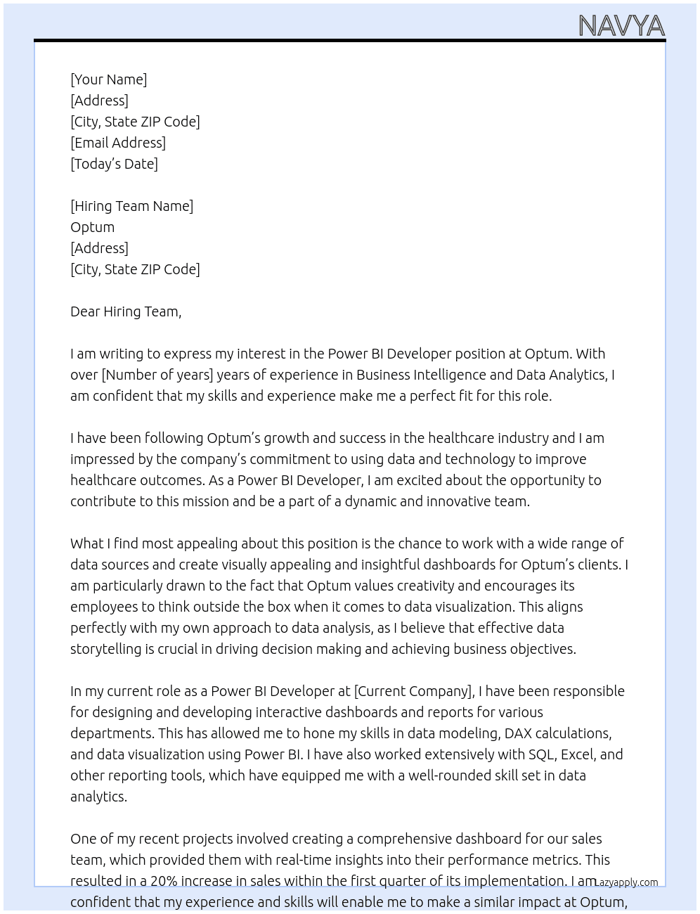 Power BI developer At Optum Cover Letter