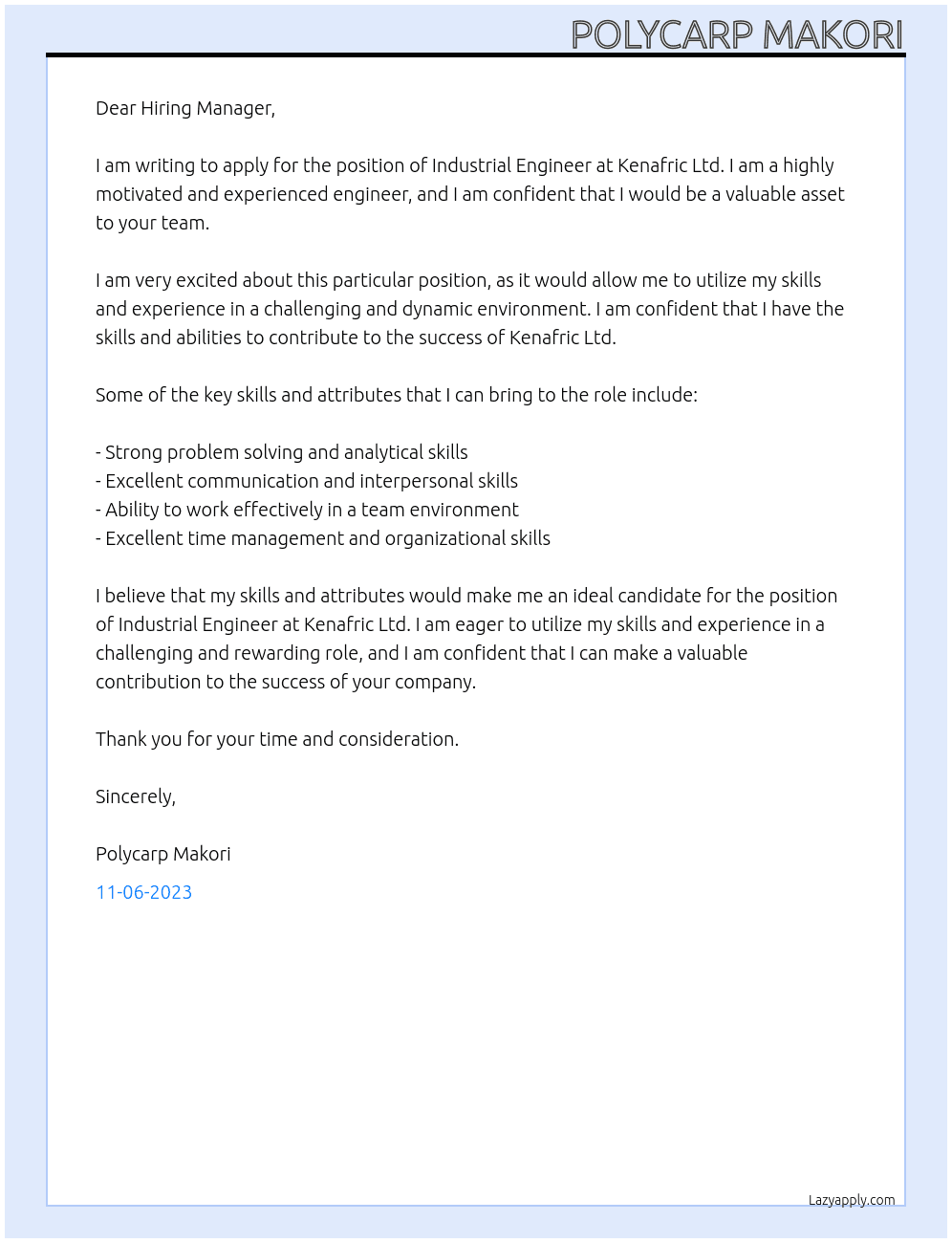 Industrial Engineer  At Kenafric Ltd. Cover Letter