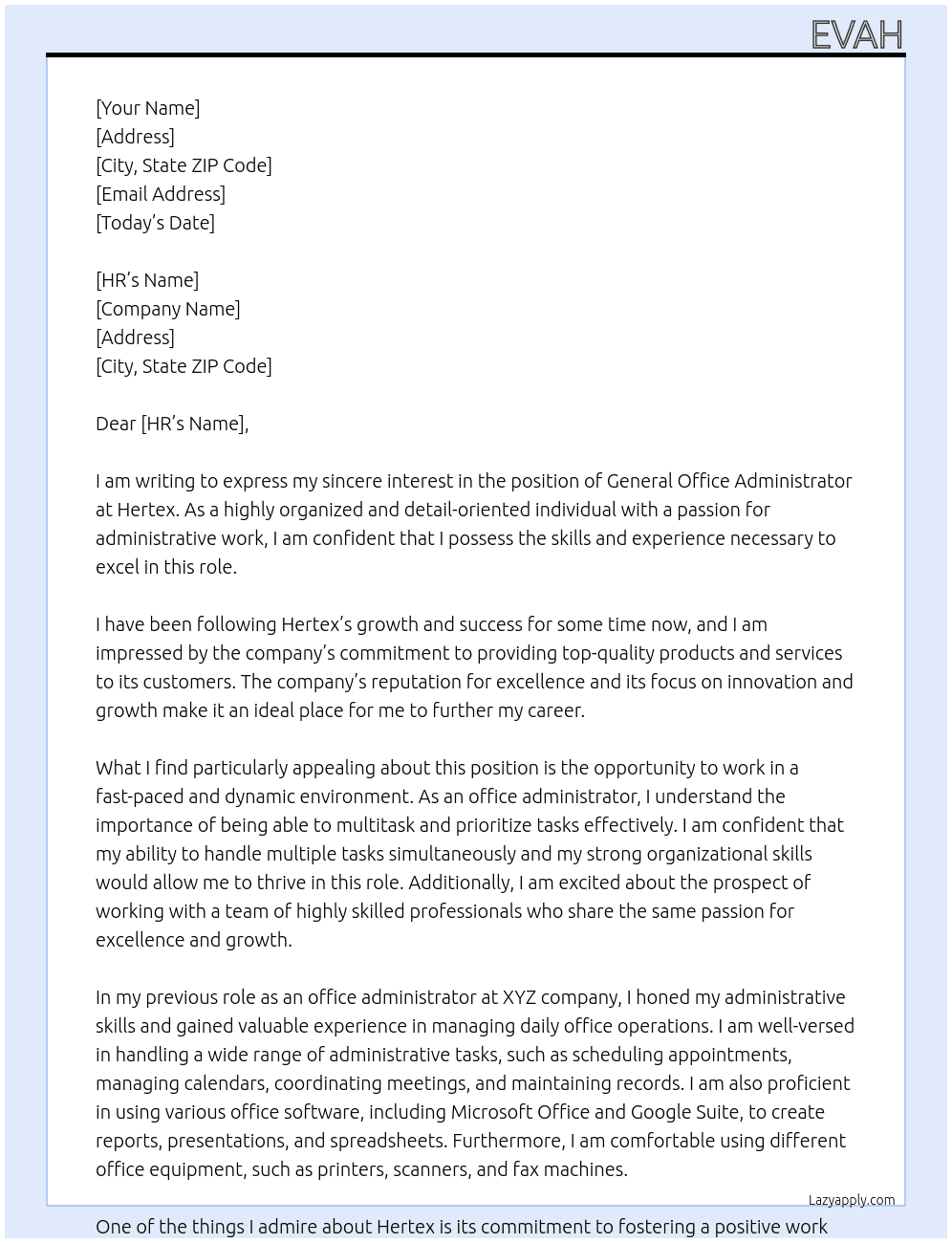 General Office Administrator At Hertex Cover Letter