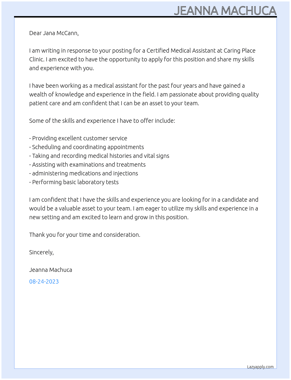 Certified Medical Assistant At Caring Place Clinic Cover Letter