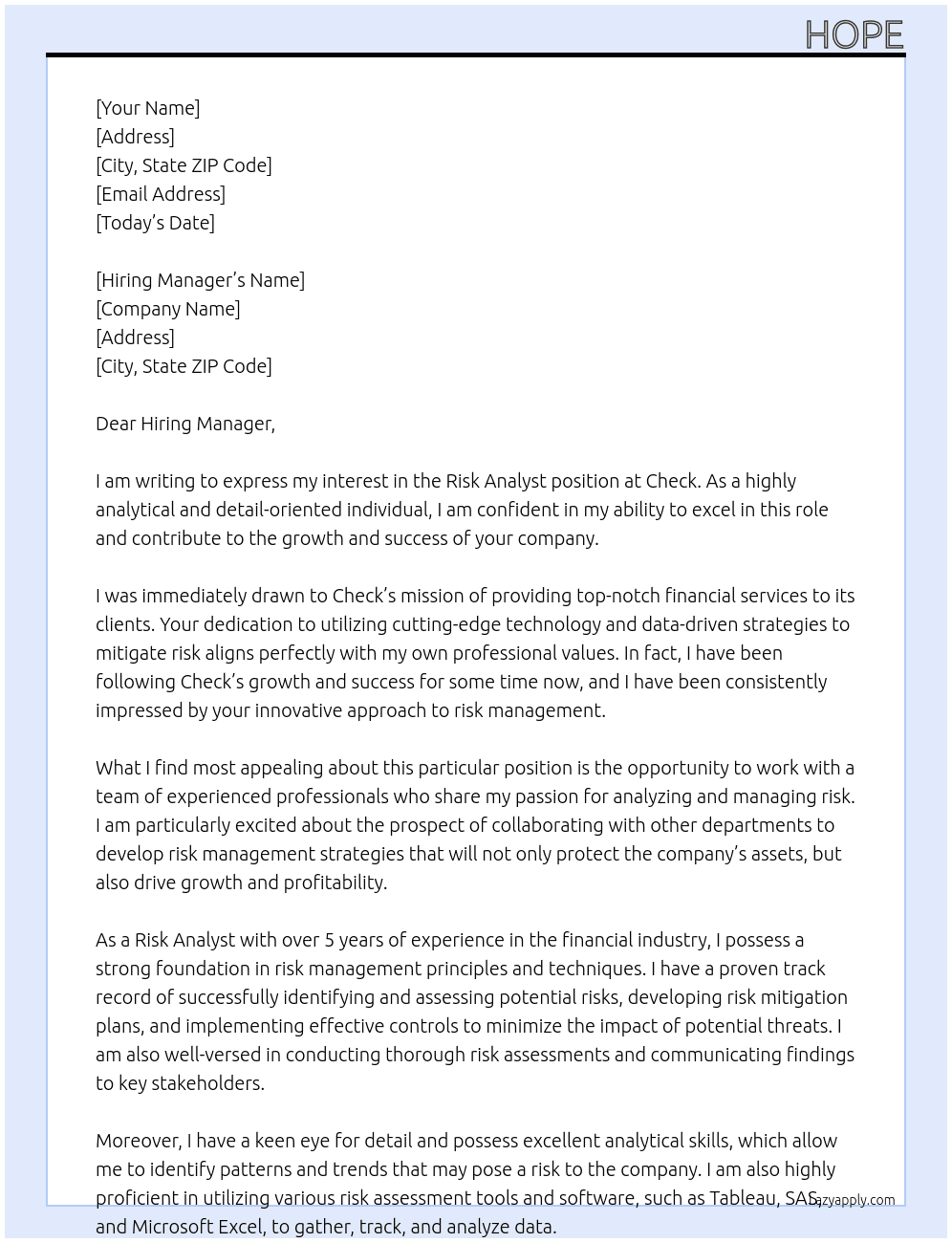 Risk Analyst At Check Cover Letter