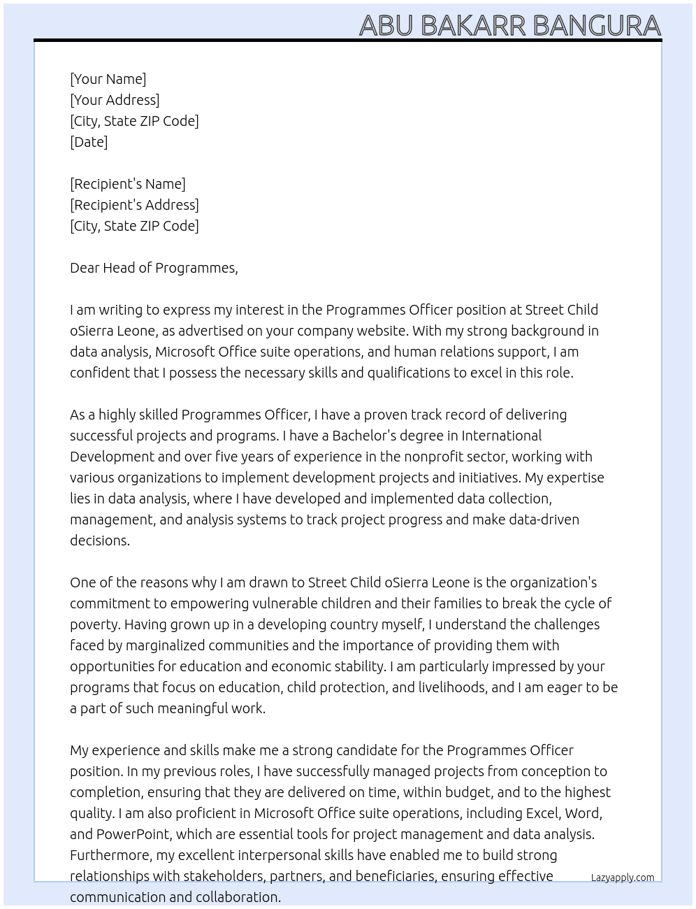 Programmes officer  At Street child oSierra Leone Cover Letter