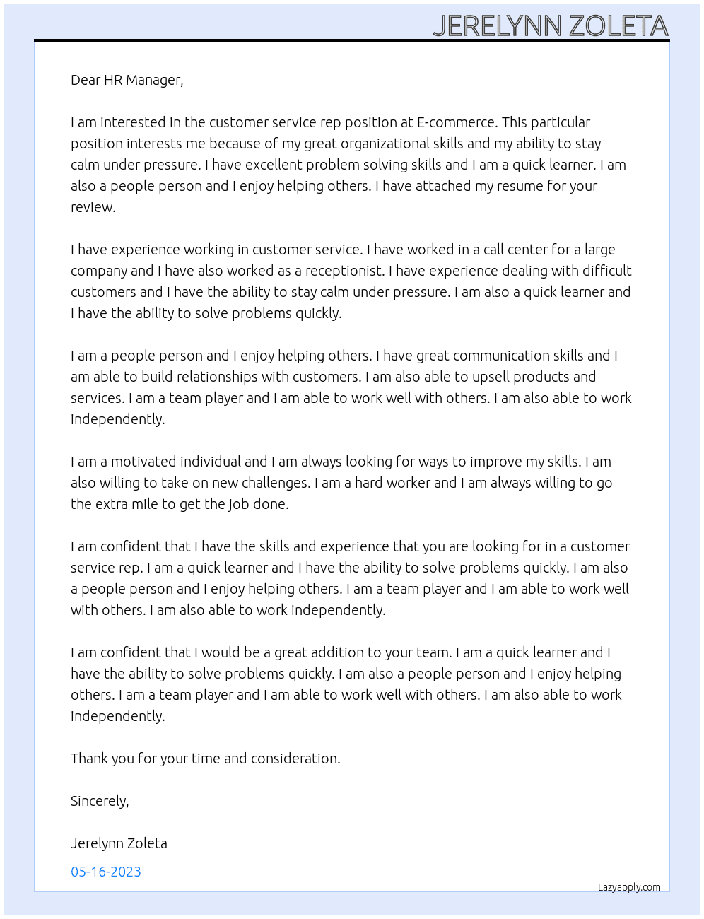 Customer Service Rep At E-commerce Cover Letter