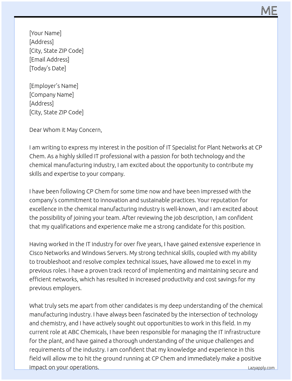 IT Specialist, Plant Networks At CP Chem Cover Letter