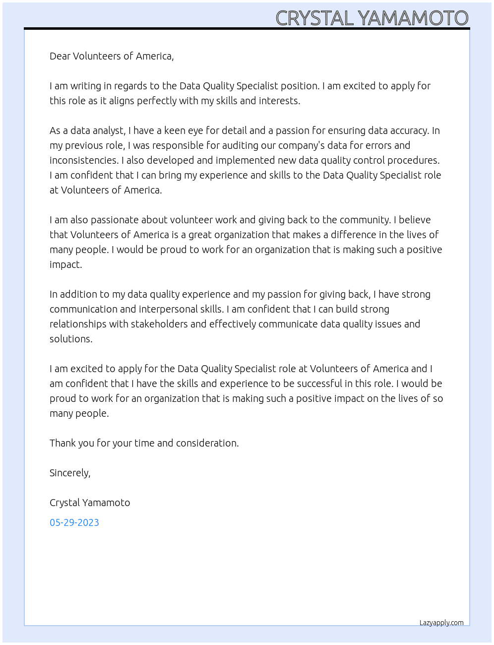 Data Quality Specialist At Volunteers of America Cover Letter
