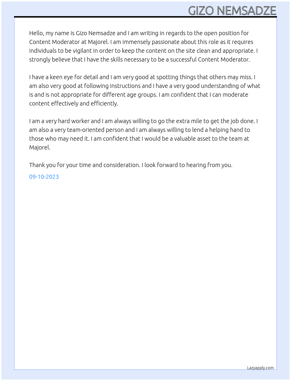 Content Moderator At Majorel  Cover Letter