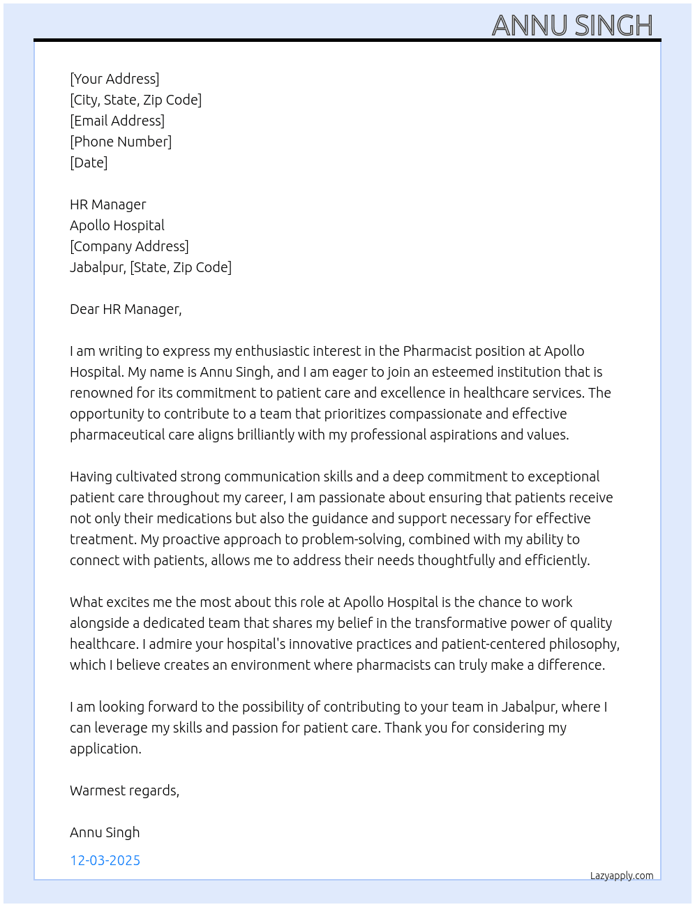 Pharmacist  At Appollo hospital  Cover Letter