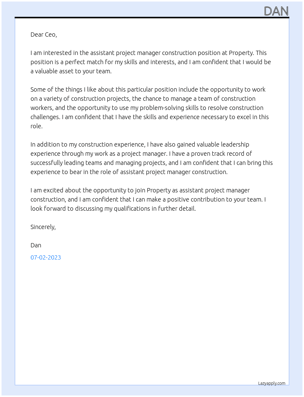 Assistant project manager construction  At Property  Cover Letter