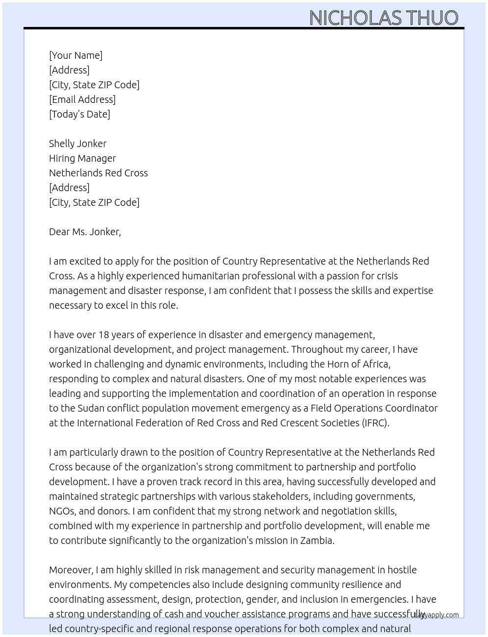 Country Representative At Netherlands Red Cross Cover Letter