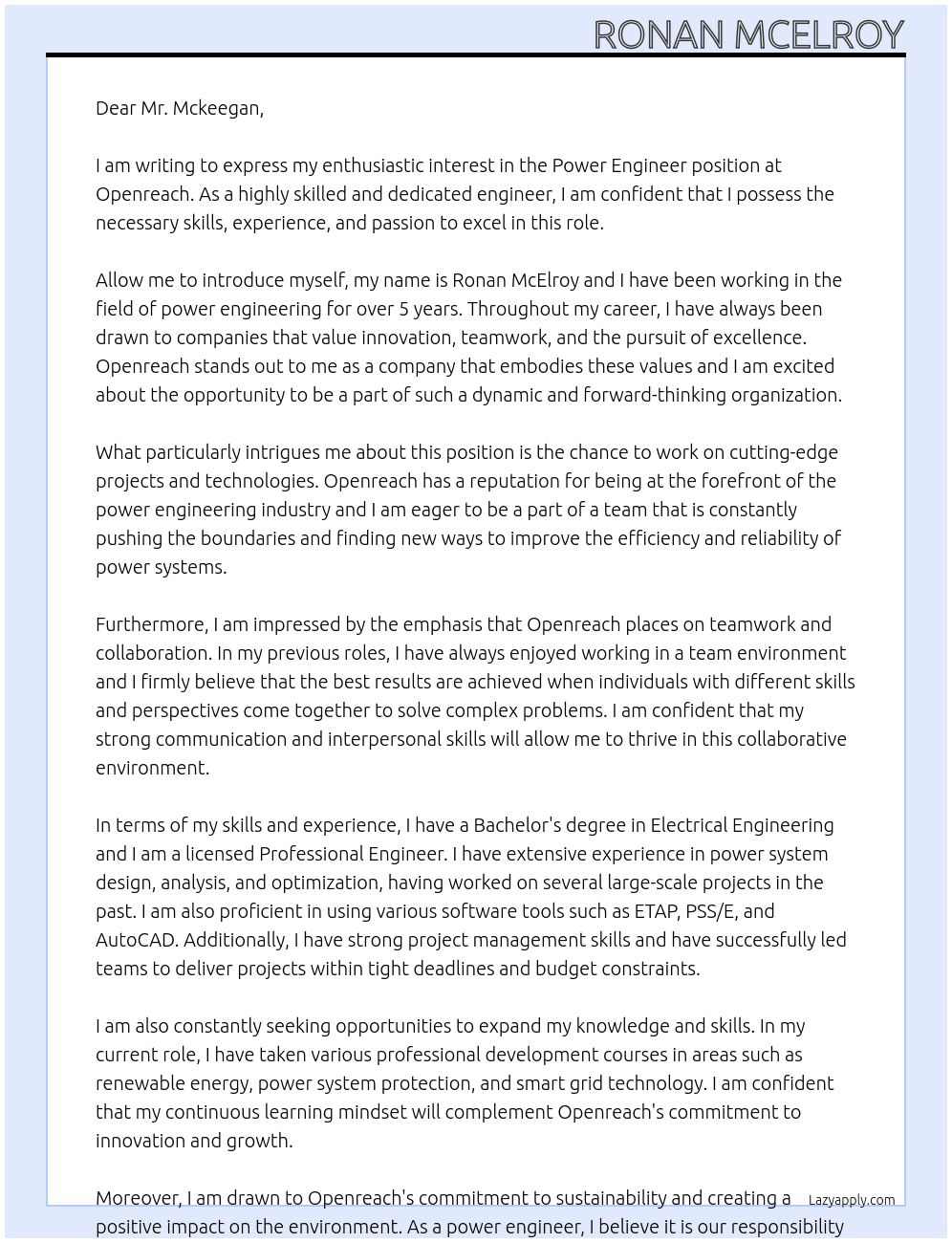 Power Engineer At Openreach Cover Letter
