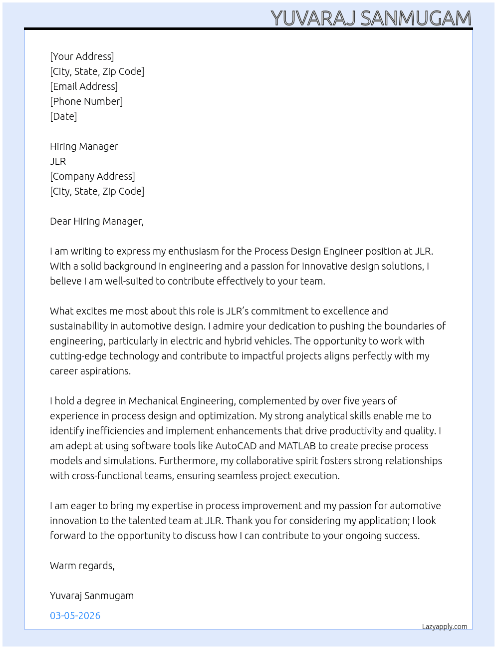 Cover letter for process design engineer - LazyApply